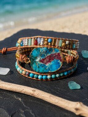 Chrysocolla Jasper Stone Triple Layer Leather Wrap Bracelet Boho Artisan 20"-23"